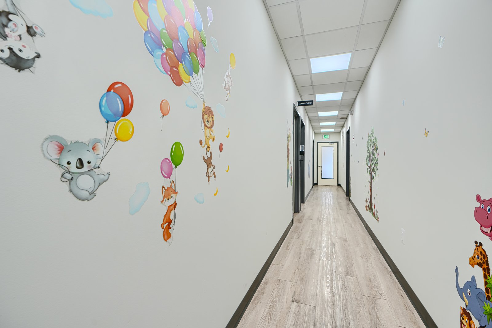 Hallway with playful animal and balloon murals
